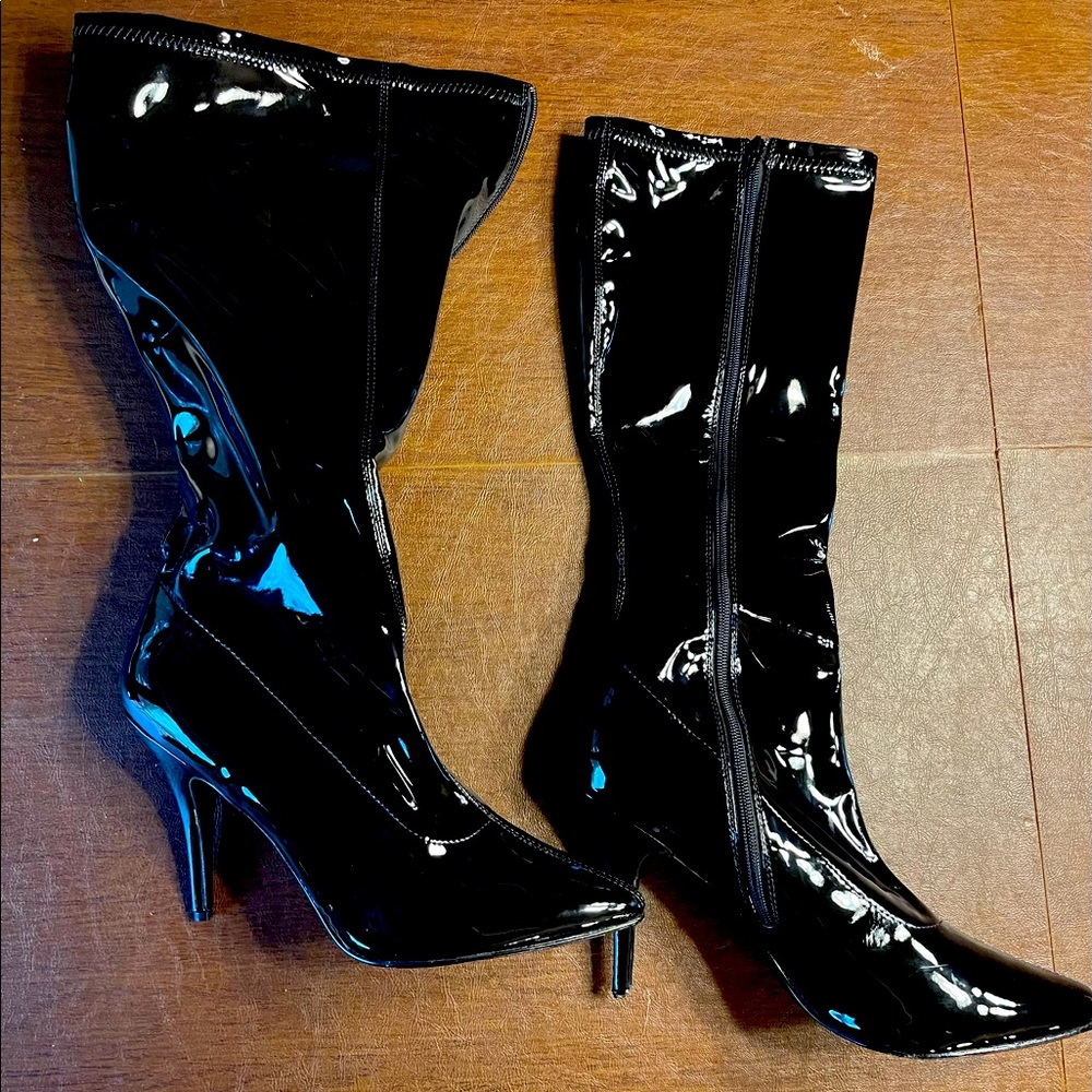 Pleaser black patent knee high heeled boots, Sz 14